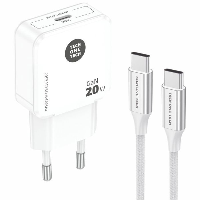 Tech One Tech TEC2221 Cargador de Pared 20W GaN con Cable USB-C Blanco Tech One Tech TEC2221 Cargador de Pared 20W GaN con Cable USB-C Blanco